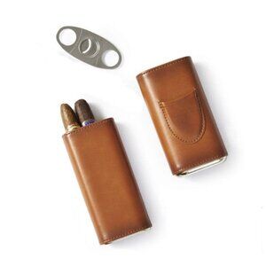 Mark & Graham leather cigar case with stainless steel trimmer, saddle color.